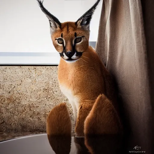 Image similar to caracal, big floppa, sitting in a bathtub, bathroom, Instagram photo, 4K