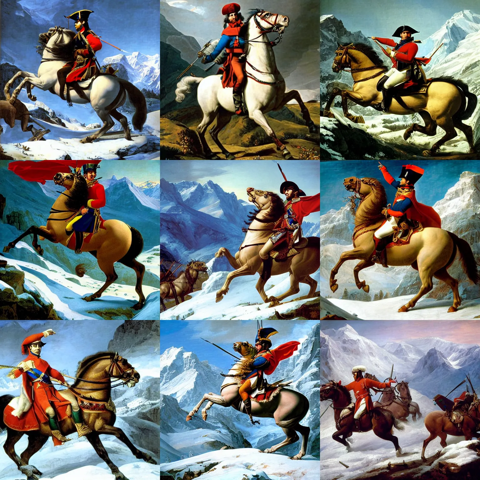 Prompt: napoleon crossing the alps painting by jacques louis david, napoleon is mounted on a machine from horizon zero dawn instead of horse