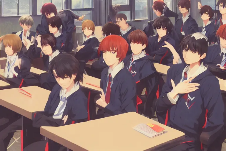 boy's love anime modern high school classroom in, Stable Diffusion