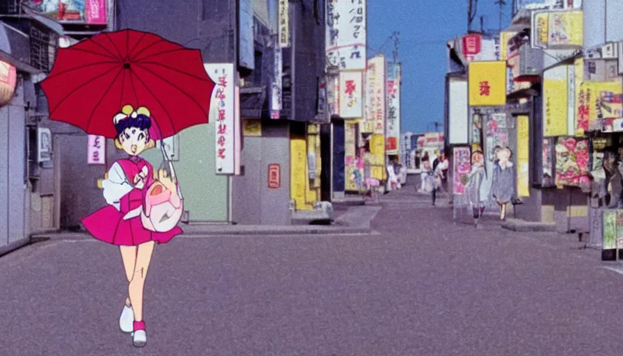 Image similar to A film still from a 1990s Sailor Moon cartoon featuring a girl with an umbrella walking through a side street in Japan