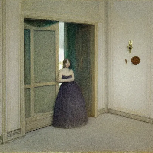 Prompt: beautiful girl in an empty room, daguerreotype by segantini, by Edward hopper, art noveau, highly detailed, strong lights, liminal, eerie, Bright pastel colors, octane render, 8k