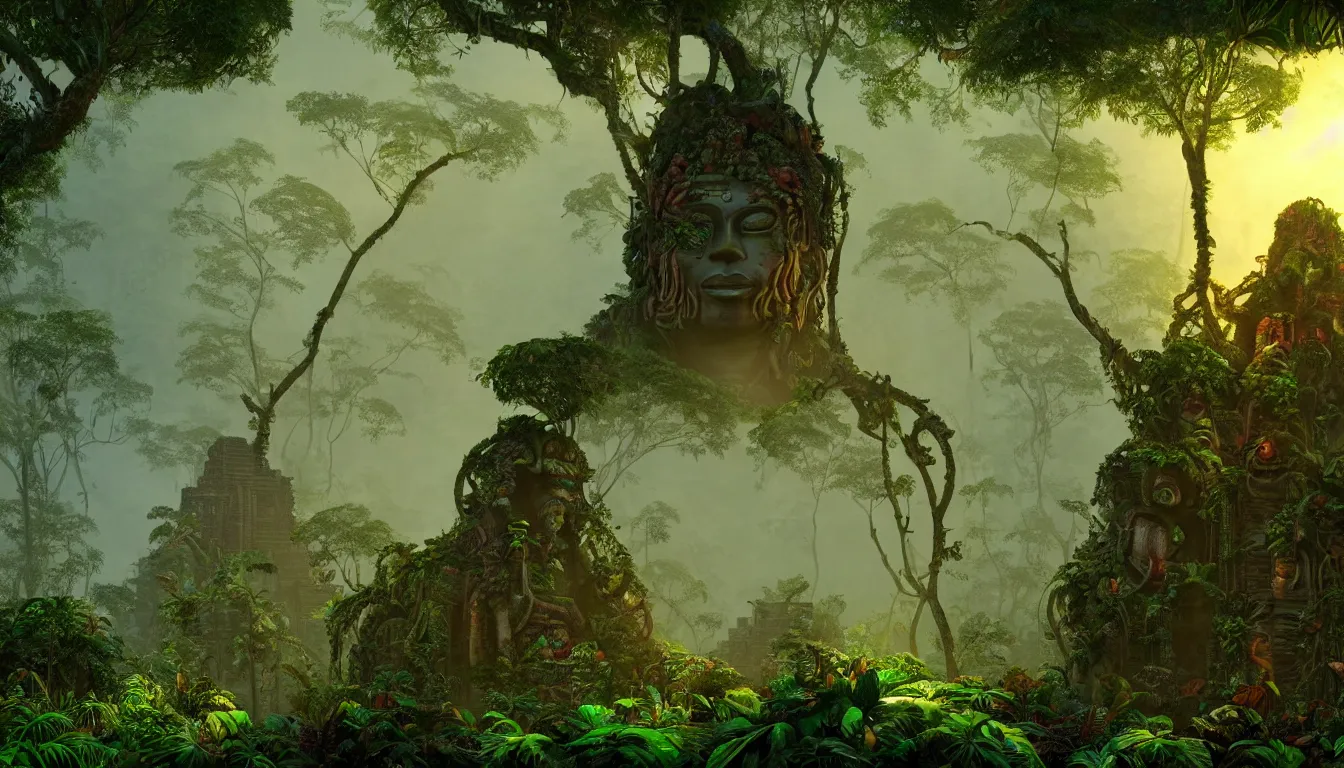 Prompt: deep mayan jungle forest realm biodiversity , side-scrolling 2d platformer game level, swirling clouds of magical mist through the trees, ancient temple gigantic statue heads in ruins in the background between the tree trunks, dramatic dusk sun illuminates areas, volumetric light , detailed entangled roots carpet the forest floor, rich color, upscale , 8k