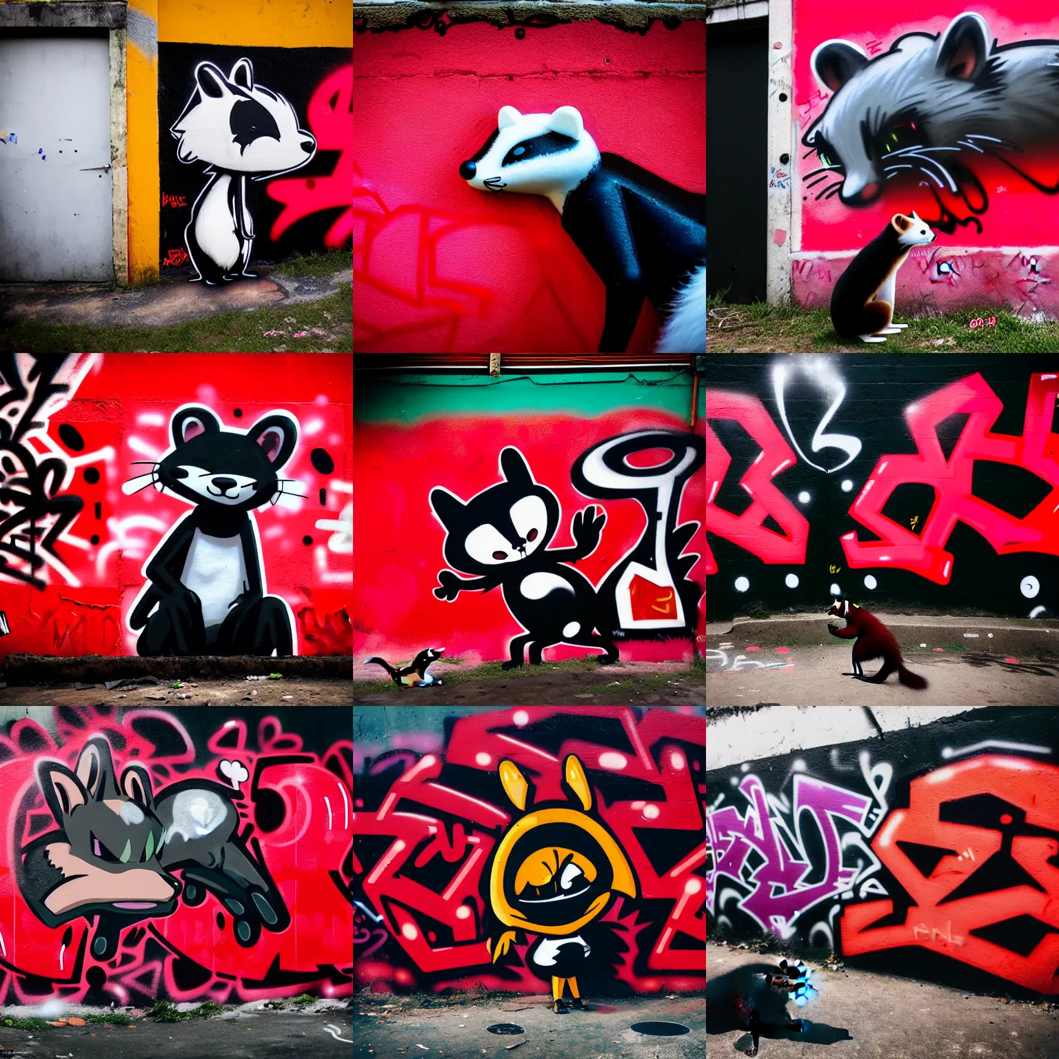 Prompt: photo ( far _ shot ), subject [ furry _ fandom _ fursona _ original _ character ( red - black, anthropomorphic _ humanoid _ furry, weasel - ferret - stoat ) ], background ( dark _ smokiness ), medium [ graffiti ], location ( favela )