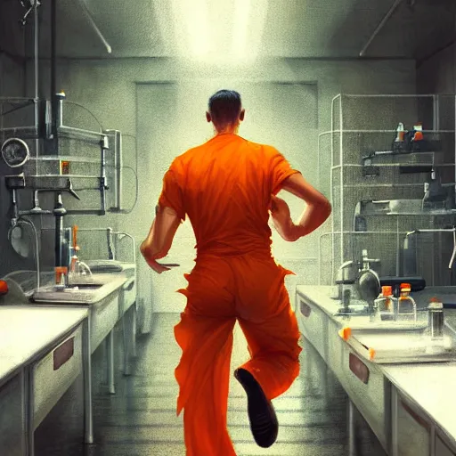 Prompt: a man in an orange jumpsuit running through a laboratory,digital art,art by greg rutkowski,ross tran,artstation,deviantart,photorealistic,hyperdetailed,detailed face,dramatic,cinematic,high quality,highly detailed face,western comic style,sharp lineart