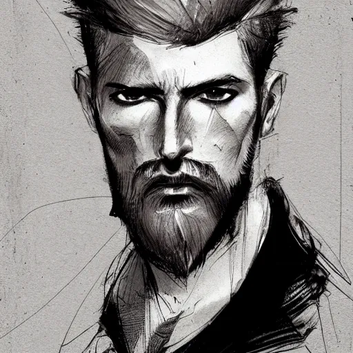 Image similar to very attractive man with beard, body full, strong masculine features, 3/4 front view, slim, short hair, 35 years old, one android eye, sophisticated clothing with some steampunk elements, gesture dynamic, command presence, royalty, weathered face, smooth, sharp focus, organic, appealing, book cover, deep shadows, by Dave McKean sketch lineart for character design