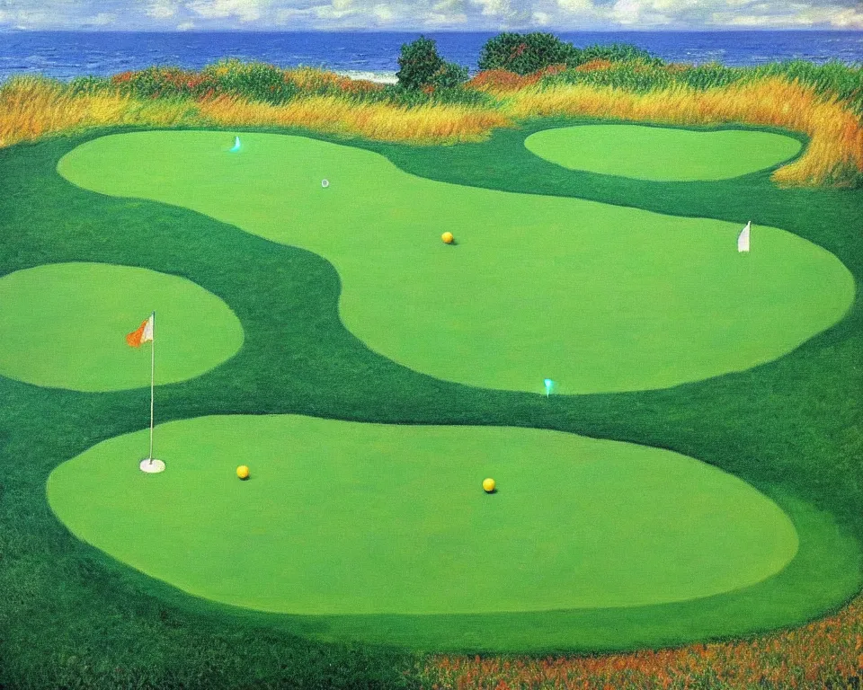 Prompt: achingly beautiful painting of bandon dunes putting green by rene magritte, monet, and turner.