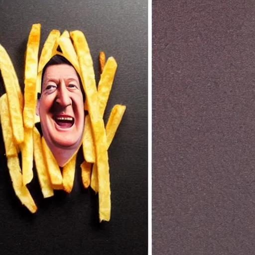 Image similar to photo of [ a single french fry chip ] shaped into stephen fry as a hybrid intercross mix