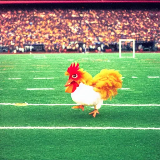 Prompt: the famous funky chicken runs across a football field, interrupting the big game, 3 5 mm