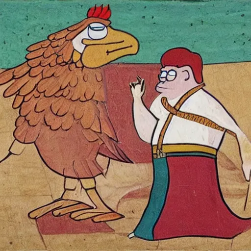 Image similar to mesopotamian artwork portraying peter griffin fighting a giant chicken, very detailed, very intricate,