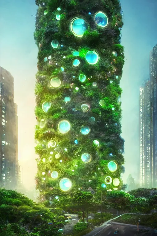 Image similar to extremely detailed awe stunning beautiful futuristic smooth organic apartment building at night, translucent orbs, hyper real, greenery, 8k, colorful, 3D cinematic volumetric light, atmospheric light, studio ghibli inspired, fantasy LUT, high contrast, epic composition, sci-fi, dreamlike, surreal, angelic,