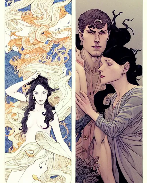 Prompt: artwork by James Jean and artwork by Phil noto and artwork by Rebecca guay of a handsome man and a beautiful woman back to back