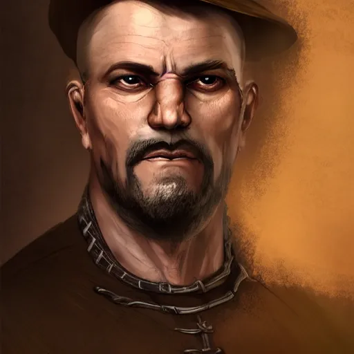 Prompt: portrait, 50 years old man :: short, stocky build :: dark, short hair and a whisker :: medieval leather workwear :: high detail, digital art, fantasy, RPG, concept art, illustration