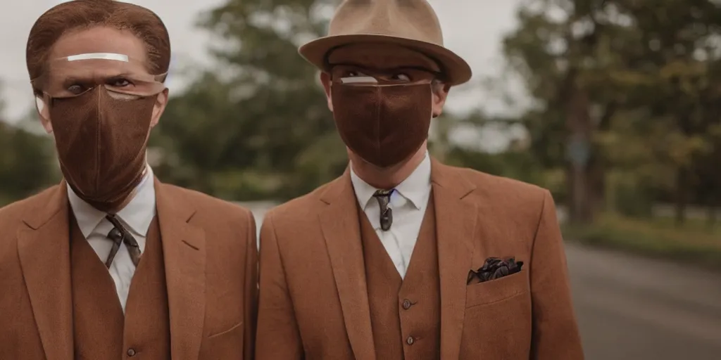 Image similar to a man wearing a brown suit and a mask that is connected to a homemade time machine, cinematic, 8 5 mm lens, shot on arri alexa, atmospheric