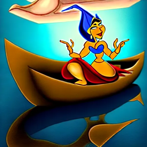 Prompt: i dream of genie from aladdin, sleeping on a ghost canoe with arms crossed in front floating down a river ghostly, davinci, hyper detailed, realistic, muted colors, otherworldly, dynamic lighting,