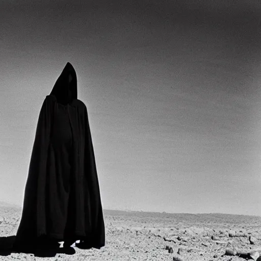 Image similar to a man wearing a long cloak and hood, in the desert, film still, arriflex 3 5