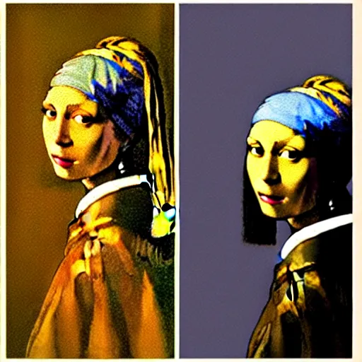 Image similar to painting of the girl with the pearl earring together with mona lisa by andy warhol, painting, oil on canvas, beautiful painting