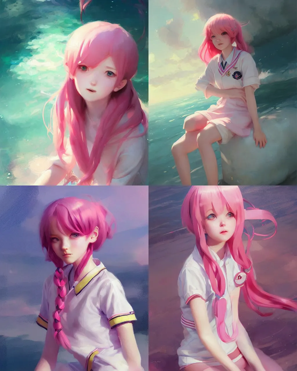 Prompt: girl with pink hair in sailor suit, half - length photo, illustration, exquisite lighting, perfectly shaded, soft painting, art by krenz cushart and wenjun lin