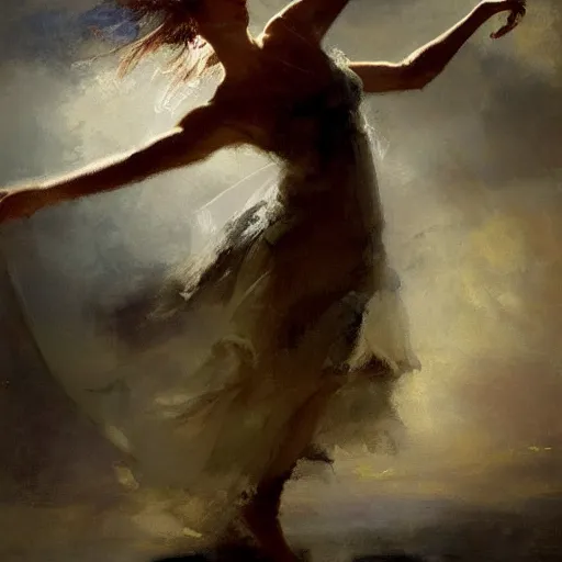 Image similar to painting of a beautiful Harpey, dancing on a cloud, by Jeremy Mann and Jason Jenicke, detailed, stylized, loose brush strokes, intricate, realistic, exaggerated lighting, sense of scale, ferocious, sensual
