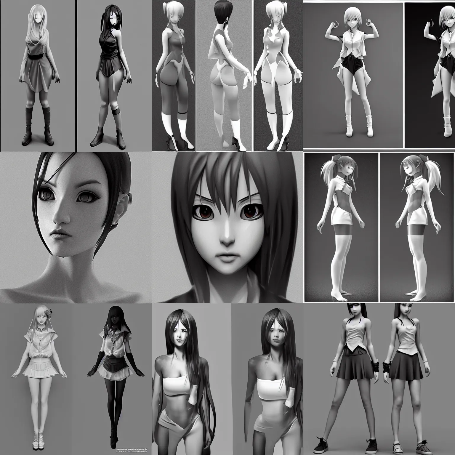 Prompt: 3 d, greyscale ambient occlusion paining of a stylized standing anime girl, nurzhan bekkaliyev, akira toiyama