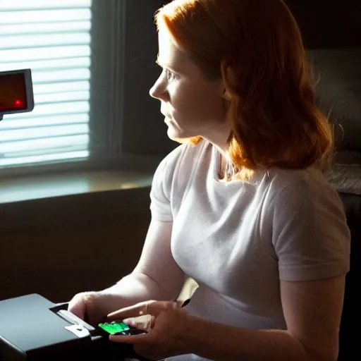 Image similar to a still of Amy Adams playing with a Gameboy, in the movie Arrival, highly detailed and intricate, sharp image, cinematic lighting, 8k HDR