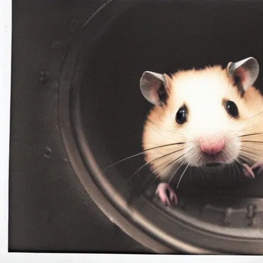 Prompt: a sinister looking hamster, glaring at the camera, sitting on a red button, in a nuclear submarine, 3 5 mm grainy film