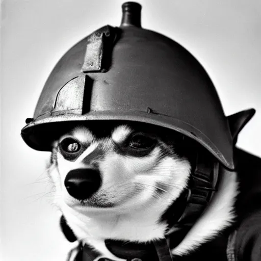 Image similar to close up of a corgi wearing soldier helmet in the battle, ww 2 historical photography, black & white