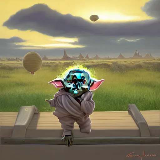 Prompt: eye - level view, shot from 5 0 feet distance, baby yoda plays is on a seesaw fund city playground on tatooine. a bunch of balloons are on sale in the background. depth, dramatic clouds, setting sun. golden hour, oil on canvas painting, detailed, depth, volume, chiaroscuro, quiet intensity, serene.