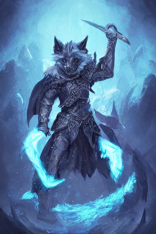 Image similar to anthropomorphic Azure wolf knight, DnD character art portrait, fantasy battleground, raining, blue flame, oil painting, heroic pose, magic the gathering artwork, D&D, fantasy, cinematic lighting, centered, symmetrical, highly detailed, digital painting, artstation, concept art, chromatic aberration, post processing, smooth, sharp focus, illustration, volumetric lighting, epic Composition, 8k, art, DeviantArt, trending on Artstation, Jason Felix, Steve Argyle, Tyler Jacobson, Peter Mohrbacher, Akihiko Yoshida, Greg Rutkowski, Craig Mullins, Frank Frazetta, cinematic lighting