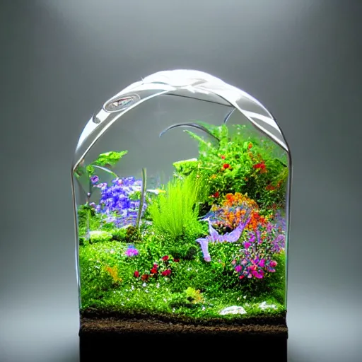 Prompt: a photorealistic complex magic glass terrarium with detailed complex flower gardens inside. overhead lighting, display.