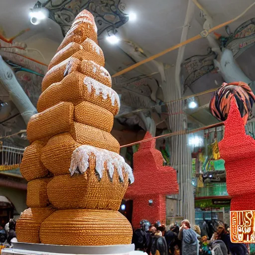 Image similar to imposing by mark briscoe, by todd mcfarlane umber. a installation art of a city made entirely out of kulich, a traditional russian easter bread. the city is bustling with activity. the installation art is playful & whimsical, with a touch of magic.