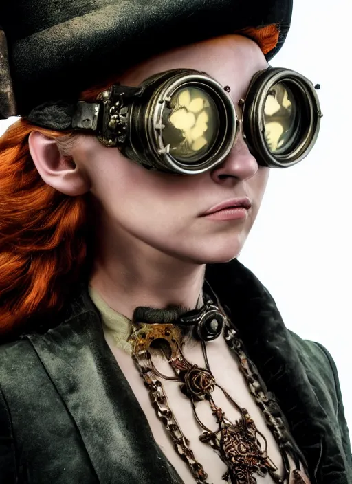 Image similar to closeup portrait of a female steampunk medieval goblin wearing a top hat and goggles, depth of field, zeiss lens, detailed, symmetrical, centered, fashion photoshoot, by Annie Leibovitz and Steve McCurry, David Lazar, Jimmy Nelsson, Breathtaking, 8k resolution, extremely detailed, beautiful, establishing shot, artistic, hyperrealistic, beautiful face, octane render