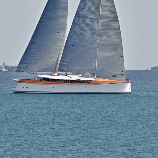 Prompt: frank lloyd wright designed sailing yacht seen in sydney harbor, telephoto, high resolution, highly detailed, intricate, beautiful, picturesque