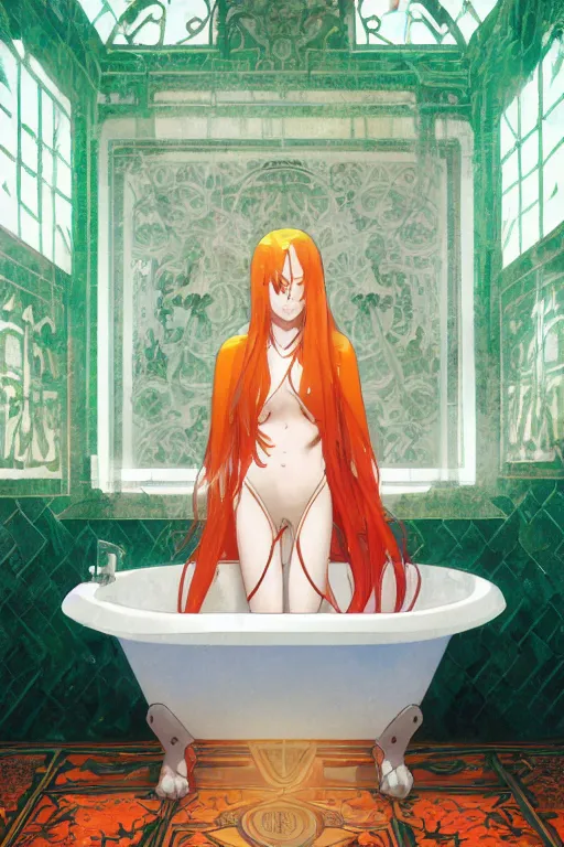 Prompt: a girl with long white hair lying in a bathroom bath at afternoon, green and orange theme, s line, 4 5 angel by krenz cushart and mucha and makoto shinkai and akihito yoshida and greg rutkowski, 4 k resolution