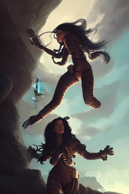 Image similar to and astronaut pirate with long black hair, d & d, fantasy digital painting, trending on artstation, concept art, sharp focus, illustration, global illumination, ray tracing, realistic shaded, art by artgerm and greg rutkowski and fuji choko and viktoria gavrilenko and hoang lap