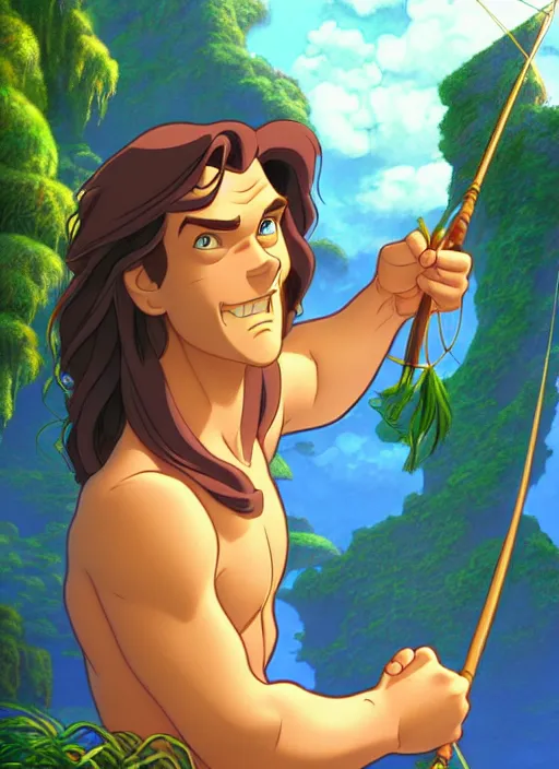 Prompt: cute fisherman tarzan, natural lighting, path traced, highly detailed, high quality, digital painting, by don bluth and ross tran and studio ghibli and alphonse mucha, artgerm