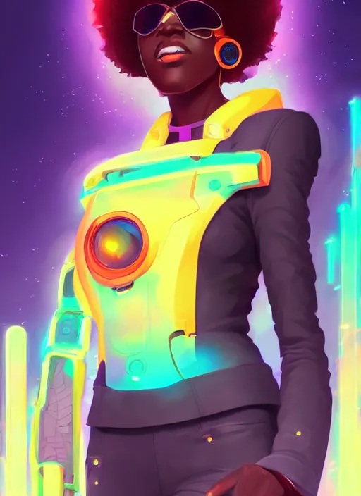 Prompt: afro - futurist engineer in a lab studying holographic schematics + full body | hyperrealistic digital painting by makoto shinkai, ilya kuvshinov, lois van baarle, rossdraws | afrofuturism in the style of hearthstone and overwatch, trending on artstation | orange highlights and complimentary colors