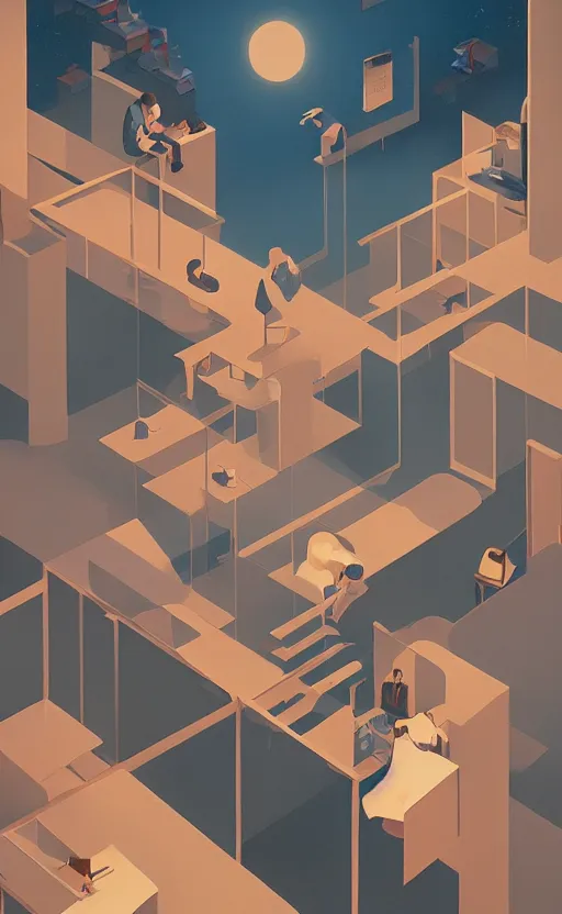 Image similar to office in heaven, surreal illustration, by atey ghailan and escher and edward hopper