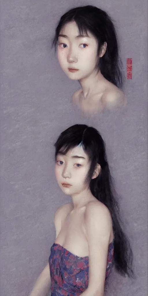Prompt: beautiful young japanese girl with glowing red eyes, chapped lips, facial veins, black undereyes, finds herself lost in a dark indigo room, muted cold colors, painting part by wojciech siudmak, part by ilya repin, part by norman rockwell, artstation