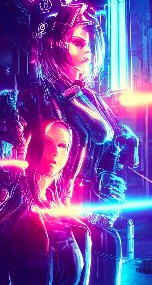 Image similar to high detailed cyberpunk women, city, neon lights, glow, sunset, atmospheric, cinematic, retrowave style,