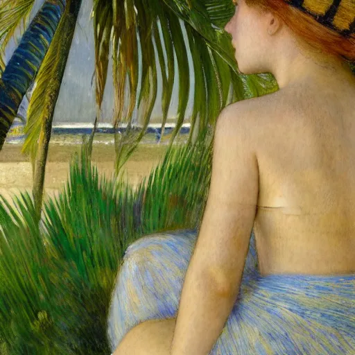 Image similar to a ultradetailed beautiful painting of a girl in the amazonas palace designed by jules bastien - lepage, hans belmer, frank weston and gustave baumann, beach, trending on artstation, mediterranean, palm trees, refracted color sparkles, sharp focus, soft light, 8 k 4 k