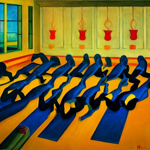 Image similar to twenty dwarves took turns doing handstands on the carpet, pj crook, edward hopper, oil on canvas