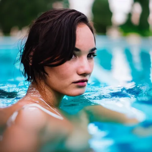 Image similar to close up portrait of beautiful woman half emerged in a swimming pool glaring in the camera, f1.8 50mm