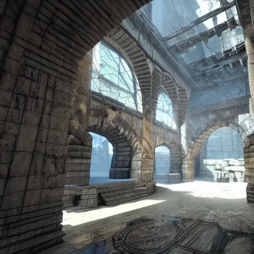 Image similar to architecture from quake, lovecraftian, liminal space, unreal engine 5, hyper detailed, hyper realistic