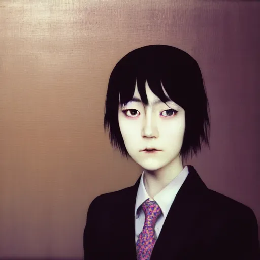 Image similar to yoshitaka amano blurred and dreamy realistic three quarter angle portrait of a young woman with short hair and black eyes wearing office suit with tie, junji ito abstract patterns in the background, satoshi kon anime, noisy film grain effect, highly detailed, renaissance oil painting, weird portrait angle, blurred lost edges