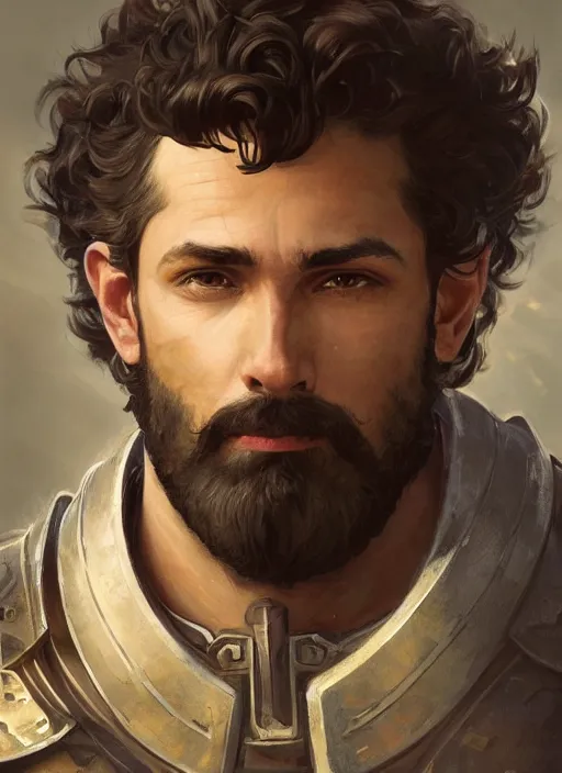 Image similar to medium-length portrait of a male paladin with short curly hair and a dark beard, dark brown skin, happy expression, wears a suit of power armor, medieval setting, highly detailed, digital painting, artstation, concept art, sharp focus, illustration, art by greg rutkowski and alphonse mucha