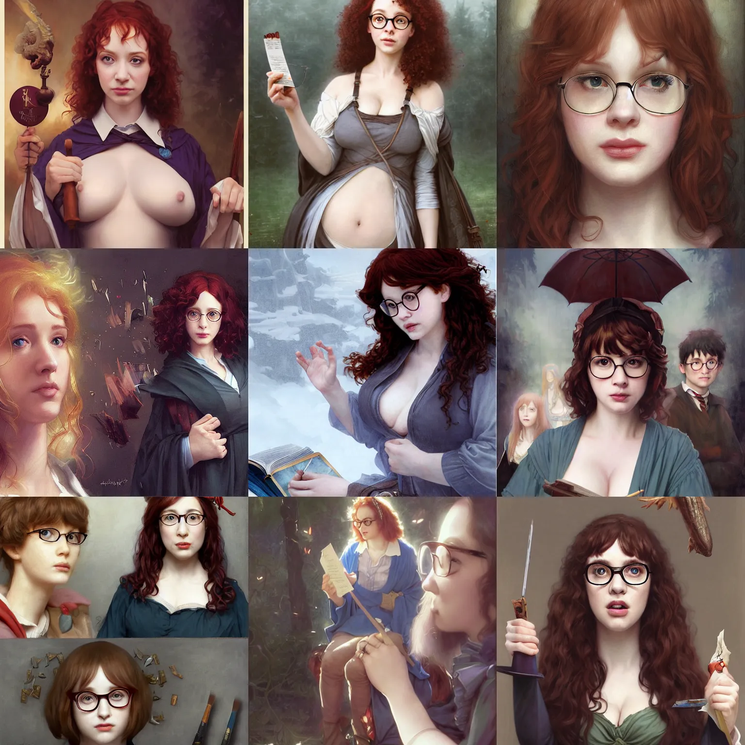 Prompt: painting of beautiful, surprissed shocked christina hendricks, shocked expression dressed as a hogwarts student, with brown hair, harry potter, glasses, by ruan jia and artgerm and range murata and krenz cushart and william adolphe bouguereau, key art, fantasy illustration, award winning, intricate detail realism hdr, full body painting