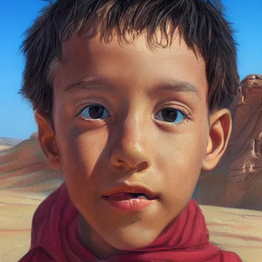 Image similar to a detailed portrait of a boy in the desert, art illustration, incredibly highly detailed and realistic, 8 k, sharp focus