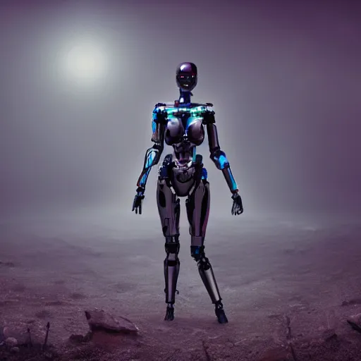 Image similar to Masterpiece full body portrait of a beautiful female cyborg with flawless skin, robotic feminine body, in a surreal dream landscape, eerie fog, cinematic lighting, 8k