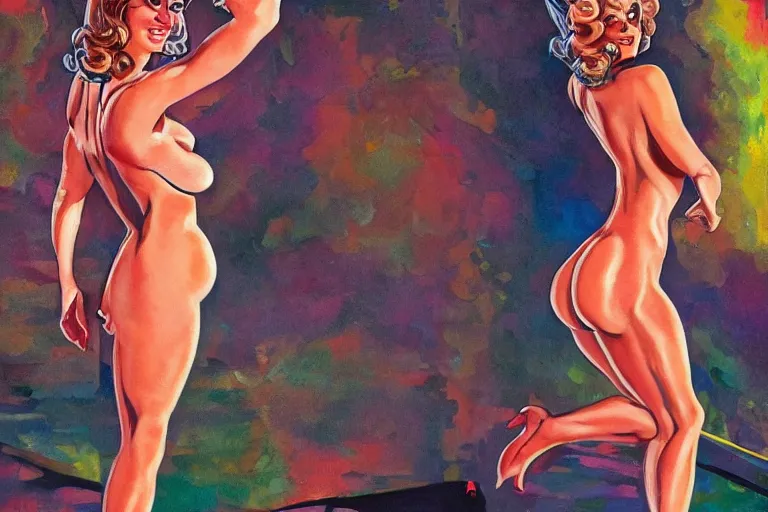 Image similar to An upper body portrait of Kate Middleton as a 1960s go-go dancer. Thicc bum. Psychadelic background. Beautiful detailed oil painting in the style of Ralph Bakshi and Richard Corben.