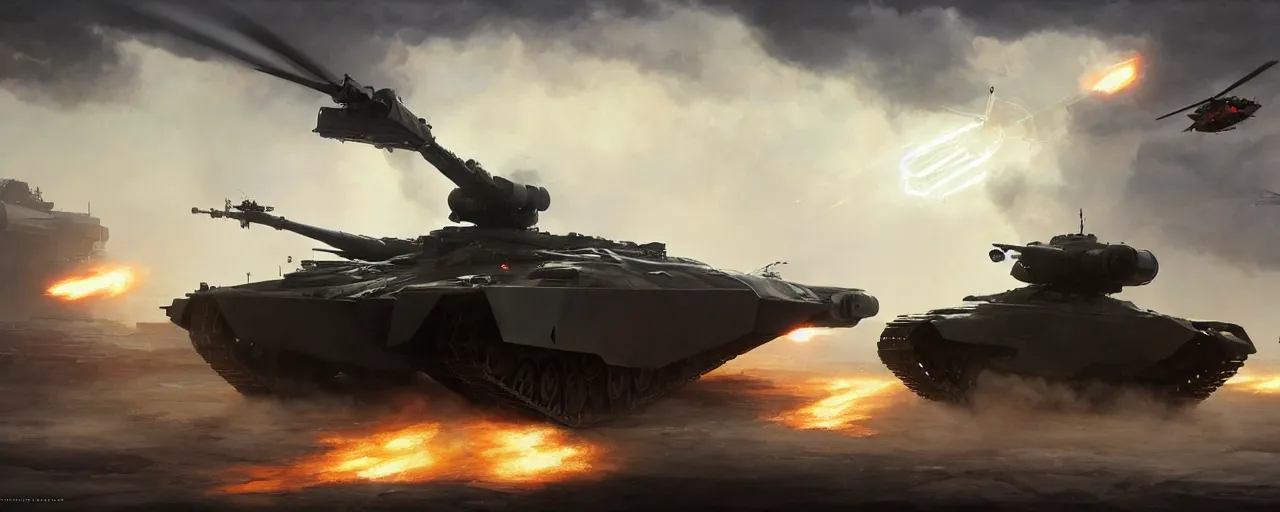 Image similar to main electric battle tank and helicopter at war, volumetric lighting futuristic, highly detailed, digital painting, artstation, concept art, cinematic, sharp focus, illustration, unreal engine 5, 8 k, art by artgerm and greg rutkowski and alphonse mucha